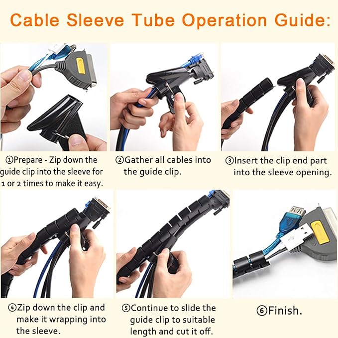 Large PC Cable Management Tube Sleeve Under Desk Wire Organizer for Cords 2 PCS Black, 1.1 inch -5 ft EZ Spiral Cable Wrap Cover Bundler w/Clips for TV Office, Pet Proof Cable Protector