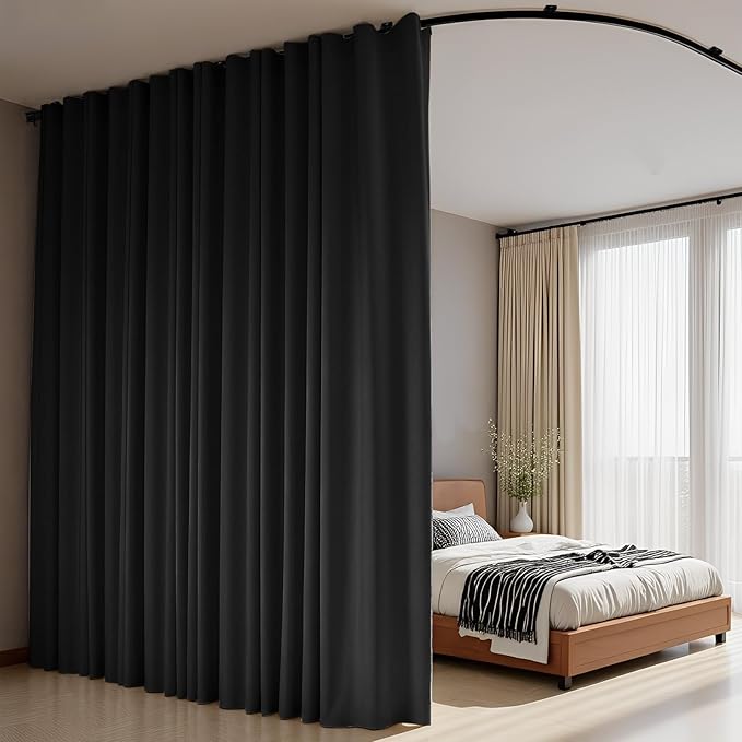 Room Divider Curtains Flexible Ceiling Tracks set Curtain track Ceiling Mount Blackout Curtain for Living Room Bedroom Ceilings Curtains Rod Privacy Dividers Panel W100 x H120 Black Drape & Black rail