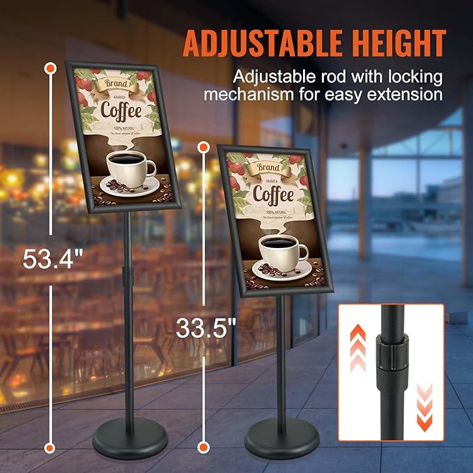 VEVOR Pedestal Sign Holder, 11 x 17 Inch Vertical and Horizontal Adjustable Poster Stand, Heavy-Duty Floor Standing Sign Holder with Round Base for Display, Advertisement, and Outdoor, Black
