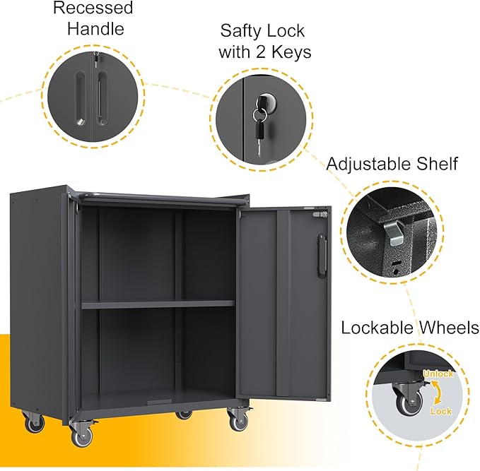 Metal Storage Cabinet with Wheels, Lockable Rolling Tool Chest with Adjustable Shelf & Handle & 2-Doors, Mobile Steel Locker for Garage, Home, Office, Warehouse, Assembly Required, Black