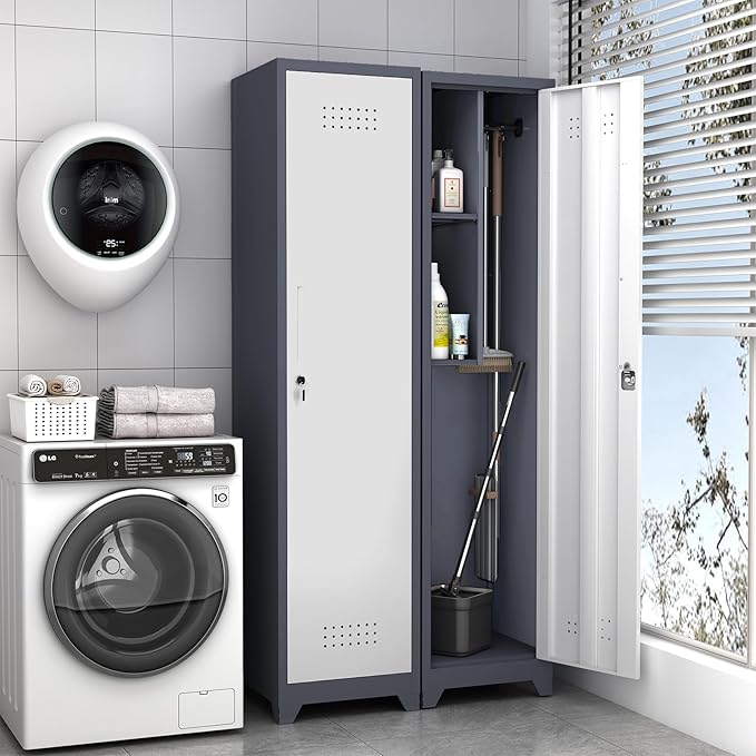 LUCYPAL Slim Broom Storage Cabinet with Shelves,Metal Cleaning Tool Cabinet with Locking Doors and Hanging Rod,Tall Broom Utility Closet Cabinets for Kitchen,Pantry,Home Office,White&Grey