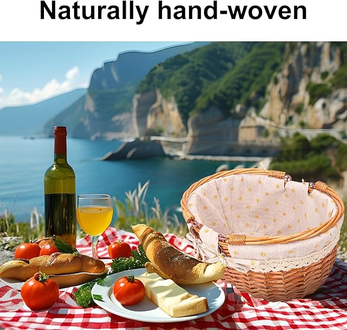 Wicker Picnic Basket with Double Folding Handles - 13.91 x 11.42 x 6.7 Inch Hand Woven Easter Basket, Natural Willow Picnic Basket with Handle, Woven Picnic Hamper for Outdoor Camping