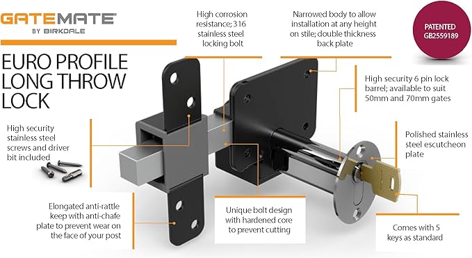 GateMate Long Throw Gate Lock 1490156, Euro Profile Keyed Alike Lock for Sheds & Gates, Keyed Outside with Thumb Turn Inside, 316 Stainless Steel, for Wooden Gates & Doors Up to 2 ¾” (70mm), 5 Keys