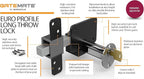 GateMate Long Throw Gate Lock, Euro Profile Keyed Alike Gate Lock for Sheds, Gates & Garage Doors, Keyed Both Sides, 316 Stainless Steel, for Wooden Gates & Doors Up to 2” (50mm), 5 Keys
