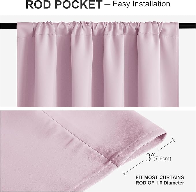 PONY DANCE Room Darkening Curtains - Kitchen Solid Thermal Draperies Rod Pocket Short Panels Drapes for Bedroom Window Treatments, 52 W by 54-inches L, Light Pink, Set of 2