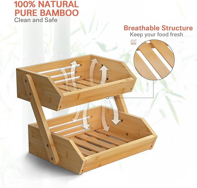 G.a HOMEFAVOR Large Bamboo Fruit Basket, 2-Tier Fruit Bowl for Kitchen Counter, Vegetable Storage Stand for Fruit Shop, 15 mm Thickness (Self-assembly)