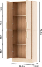 71" Tall Pantry Cabinet with 4 Doors, Kitchen Pantry Storage Cabinet, Freestanding Larder Cupboard, Utility Kitchen Hutch with Gold Handles for Dining Room, Bathroom, Oak