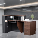 L-Shaped Modern Reception Desk with Counter & Storage - 71" Large Office Front Desk, Salon Checkout Counter with Lockable Cabinets, Shelves(Brown & Black, Right - 71''L x 34''W x 41''H)