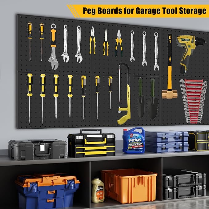 PBHEPJ 8 Pcs Metal Pegboard Panels, Heavy Duty Peg Boards for Garage and Garden Tool Storage, Includes Drywall Anchors and Screws Kits, Black (8 pcs 16in x 12in)