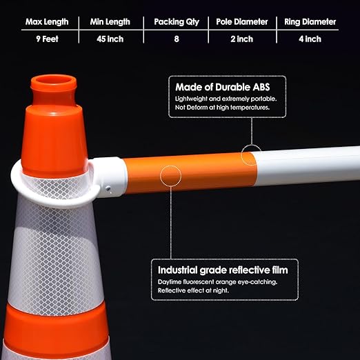 8 Pack Min 4' Feet to Max 7' Feet Retractable Traffic Cone Bars, Expandable Reflective Cone Bars for Parking Lot Safety, Portable Temporary Barriers Barricades for Road Work Construction