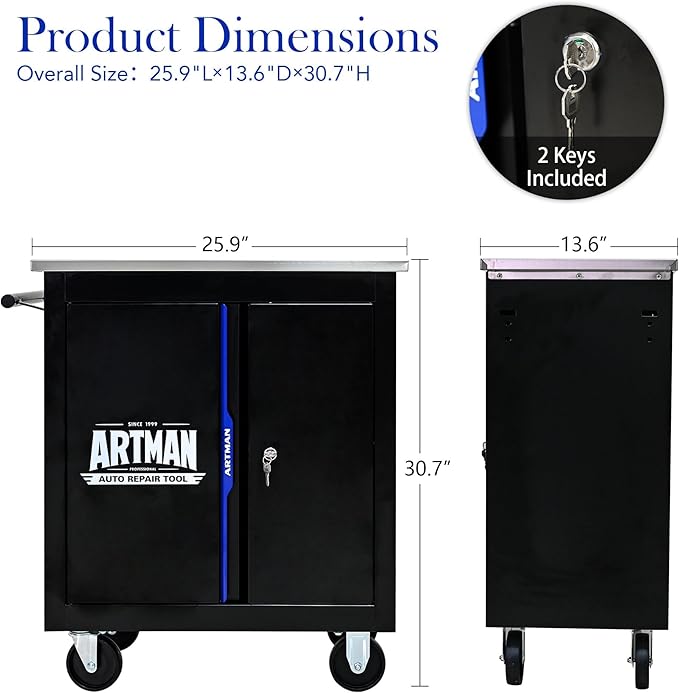 Double-Door Heavy-Duty Rolling Steel Tool Cart with Handle&Wheels, Metal Storage Organizer Cabinet, Tool Chest for Efficient Tool Storage in Garage, Warehouse, Workshop, Repair Shop, Blue