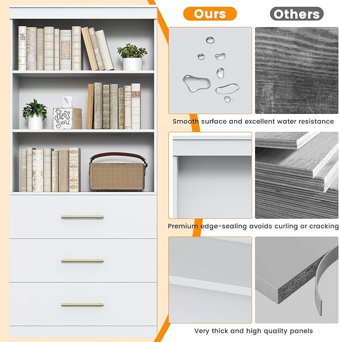Winkalon 71" Tall White Bookshelf with Drawers, Bookcase and Bookshelf with 3-Tier Open Shelves, Tall Bookcase Tall Storage Cabinet for Home Office Living Room, 15.8" D x 31.5" W x 71" H