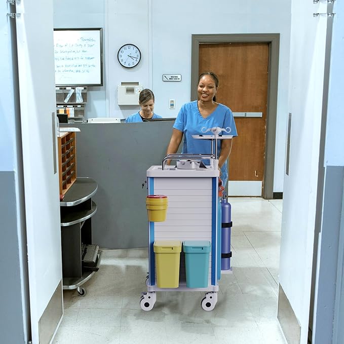 Medical Rolling Storage Crash Cart with Wheels - Adjustable IV Pole, Silent Casters, Needle Disposal Holder, Trash Bin, O2 Holder - Nursing Emergency Cart for Clinic, Hospital, Salon, Lab
