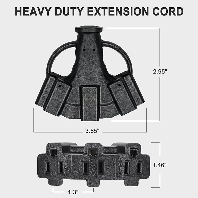 2FT 2 Pack 12 Gauge 3 Outlet Outdoor Extension Cord 12/3 Heavy Duty SJTW Power Cord 3 Way Waterproof Power Cable 3 Prong Grounded 12AWG 15Amp 1875W ETL Listed