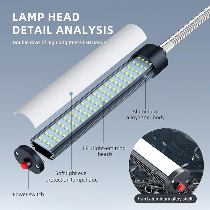 24W LED Magnetic Work Light, 2400 Lumen Flexible Gooseneck Work Light with Adjustable Magnetic Base, Industrial Light for Lathe CNC Milling Drillpress Sewing Machine (Heavy-Duty Magnetic)