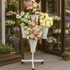 DYALE Flower Display Stand with Buckets - Flower Cart with Wheels for Bouquet Shop, Metal Flower Rack Display Stand for Wedding Garden, Party, Events 1 (White, Round buckets)