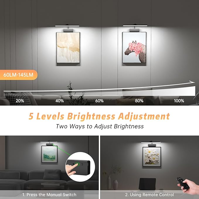 Lightbiz Picture Light, 15.35inch 5400mAh Rechargeable Picture Lights for Wall Battery Operated Wall Lights with Remote, 3 Colors Paintings Light Dimmable Art Light for Artwork, Gallery(Black)