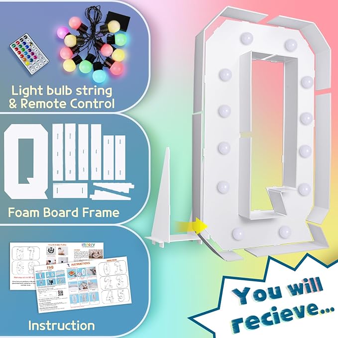 imprsv 4FT Colorful Marquee Letters Q, 18 Colors Large Light up Letters Alphabet Sign with Remote, Large Marry Me Sign, Birthday Party Decorations Anniversary Wedding Decoration