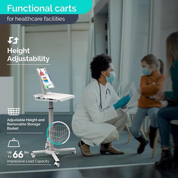Adjustable Rolling Medical Cart: Pneumatic Mobile Workstation with iPad Enclosure for 9.7-13" iPad and Tablet - Ideal for Hospital Dental Clinic Office