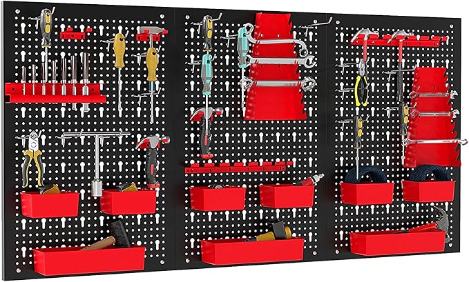 Goplus Pegboard Wall Organizer, 9-Bin Parts Rack Organizer w/Hammer Racks, Tool Holders & Hooks, Heavy-Duty Utility Tool Storage Board w/Accessories for Garage, Workshop, Craft Room