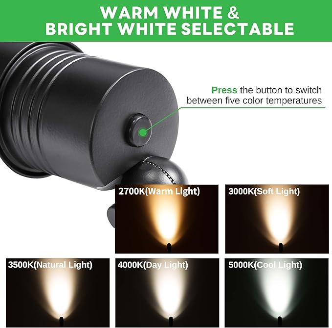Landscape Spot Lights Outdoor - Warm & Cool White Low Voltage Spotlights Waterproof, 12V Adjustable White Accent Lights, All Metal Wired Aluminum, Black for Fountain Sign 12 Pack