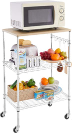 450Lbs Capacity Microwave Cart with Wheels, 3 Tier Rolling Cart with Adjustable Shelves, Multifunctional Metal Utility Storage Kitchen Carts on Wheels, 23.6" L*15.7" W*37" H, Wood+Chrome