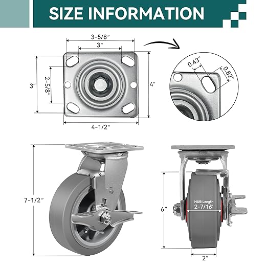 6'' × 2'' Caster Wheels, Heavy Duty Industrial Casters Set of 4 Rubber Wheels, Load 3600lbs Capacity, Swivel Caster for Cart Dolly Toolbox (2 Brake & 2 Rigid)