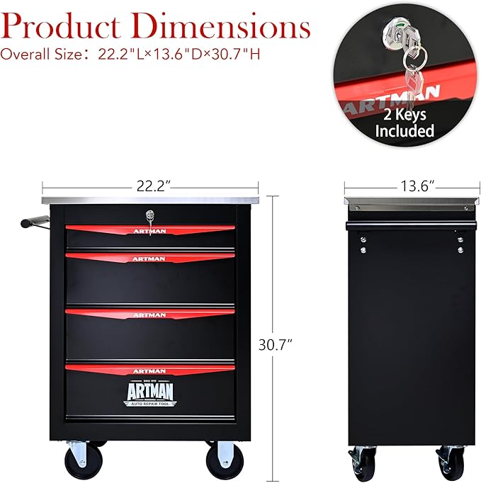 4 Drawer Rolling Tool Chest with Locker, 22.2" D Metal Movable Lockable Tool Cart Box Multi-Functional Hardware Storage Cabinet Box for Warehouse Basement Home Pantry Garage