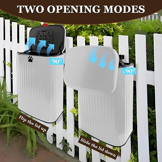 Dog Waste Trash Can Wall Mounted, 2.1Gal Small Outdoor Trash Can with Lid, Hanging on Fence, Dog Poop Bucket with 40 Bags, Inner Waste Bin, White