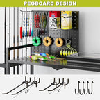 Fishing Rod Holders for Garage, Fishing Rod Stand with Wheels and Pegboard, 3-Tier Pole Storage Rack with 8 Hooks and 12 Rod Slots, Ideal for Tackle, Backpacks, and Gear