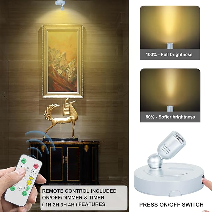 Indoor LED Spotlight, Battery Operated Spotlights with Remote, Picture Lights for Wall, Plant Tree Up Light with Timer, Accent Lights for Art Display Dartboard Painting Artwork Frames-Silver