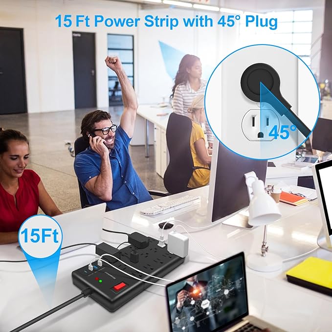 Surge Protector Power Strip 15 ft cord-15 Widely Spaced Outlets and 4 USB Ports(1 USB C Port),14 AWG Extension Cord,1875W/15A Heavy Duty Power Strip Surge Protector 15 ft Cord,2800J,Black
