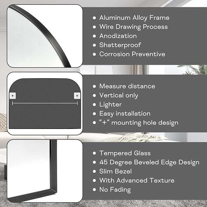 Black Wall Mirror 30" x 20", Modern Mantel Minimalist Home Decor, Brushed Black Metal Framed Arched Mirror for Living Room, Bedroom, Fireplace, Mantle, Entryway, Bathroom