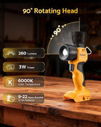 Cordless LED Work Light for Dewalt 20V MAX Battery, 3W 260LM Flashlight Portable with 2 USB Ports, 90° Pivoting Head, 15°/40° Beam Angle for Jobsite, Camping, Workshop, Bare Tool Only