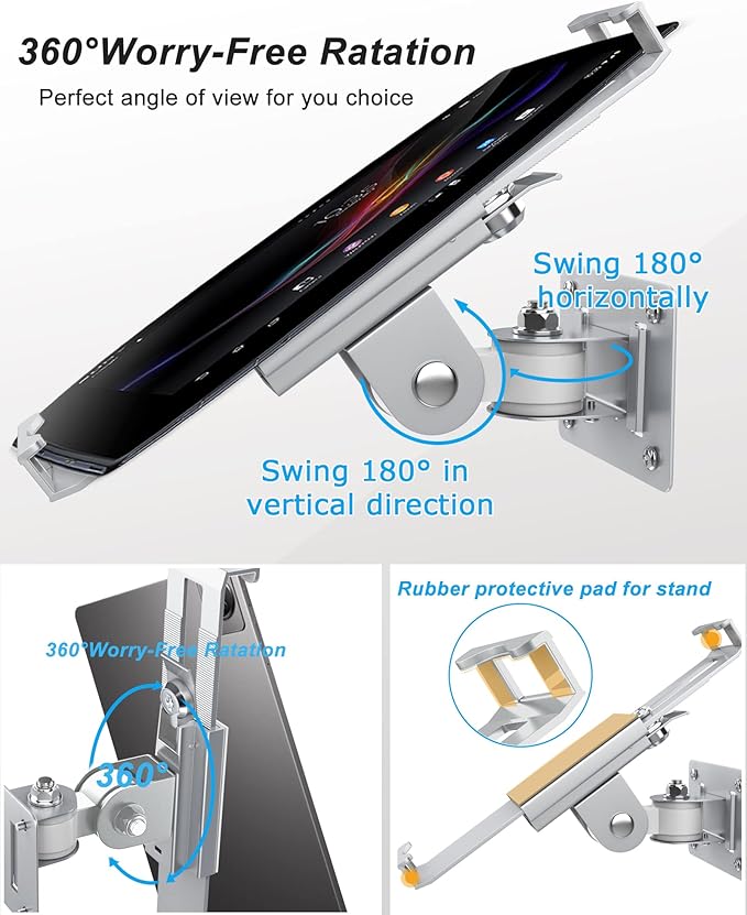 iPad Wall Mount, Security Anti-Theft Tablet Wall Mount Holder with Lock and Keys, 360° Swivel iPad Pro Mount, Compatible with 7-11 Inch Tablets (iPad, Galaxy Tab, Slate, Fire) – Silver