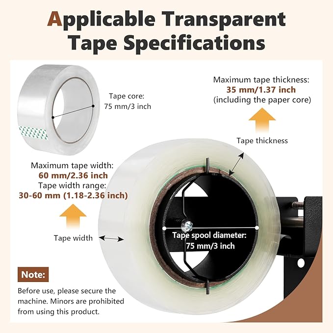 Desktop Packing Tape Dispenser with Dual-Sided Cutter for 2.36" Wide Tape (3" Core), Commercial Black Tape Cutting Machine with Suction Cups for Packaging, Shipping, Moving