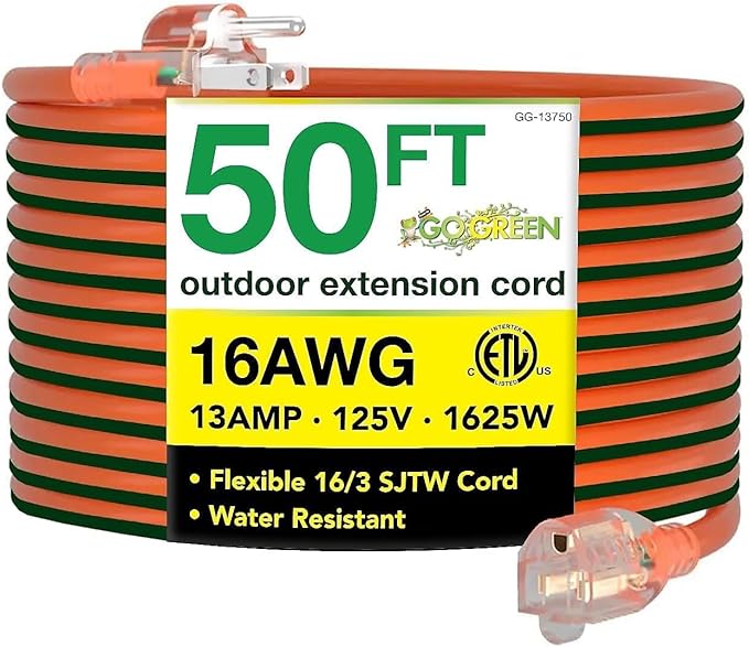 Go Green Power Inc. 16/3 50-Foot Outdoor Extension Cord - Heavy-Duty, Weatherproof, GG-13750