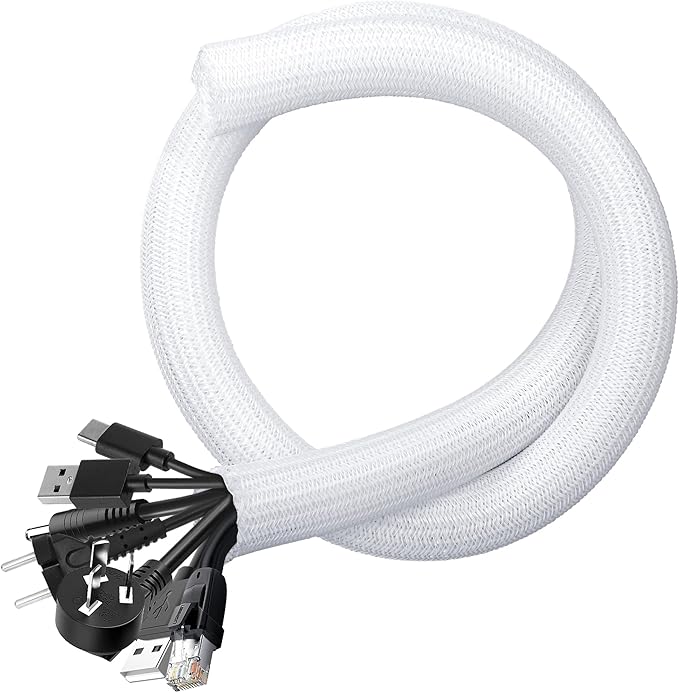 Cable Management Sleeves 1in - 2 Pack 6.6ft Split Braided Cable Sleeve White, Cord Protectors from Pets, Wire Organizers for Cords, Flexible Cord Wrap Wire Sleeve for Computer Cord Organizer