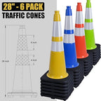 6 Pack 28" Large PVC Traffic Cones with Heavy-Duty Black Base, Garage Parking Lot Cones Structurally Stable Weatherproof Road Construction Safety Cones (6, Yellow, 28" Large)