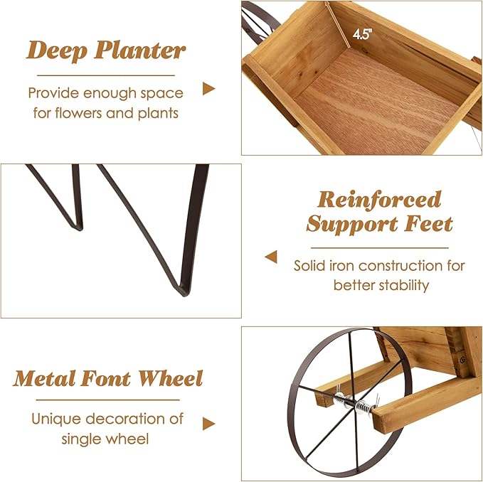 Wooden Wagon Planter, Flower Cart Display Stand w/Metal Wheels & Removable Magnetic Decoration, Wagon Decorative Garden Planter for Plants & Seasonal Displays, Pine Wood (Brown)