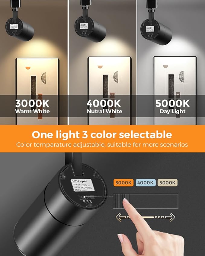 VANoopee 3-Color Zoomable 20W LED Track Lighting Heads H Type Track Light Heads Dimmable Bright Ceiling Spotlight Fixtures for Kitchen, 3000K 4000K 5000K Adjustable, CRI90+ 15°-60° 2000lm Black 3 Pack