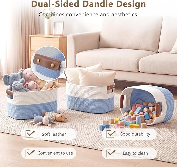 Cotton Rope Basket, Storage Baskets with Handle, 15x10x9 Inch Woven Basket for Shelves, Laundry, Towels, Clothes, Books (White/Blue 2Pack)