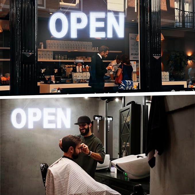 Open Signs for Business, 30"x10" Dimmable Large LED Open Light Up Sign with Hanging Installation for Salon Gym Cafes Store Office Bar Hotel Pubs Cold white