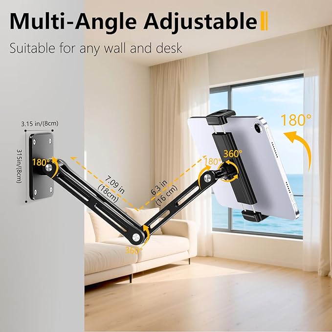 Bimo Tablet Wall Mount Holder for 4.7-15.6 inch, iPad Wall Mount Holder with Arm & Adjustable Rotating Base Compatible with iPad, Tablet Devices