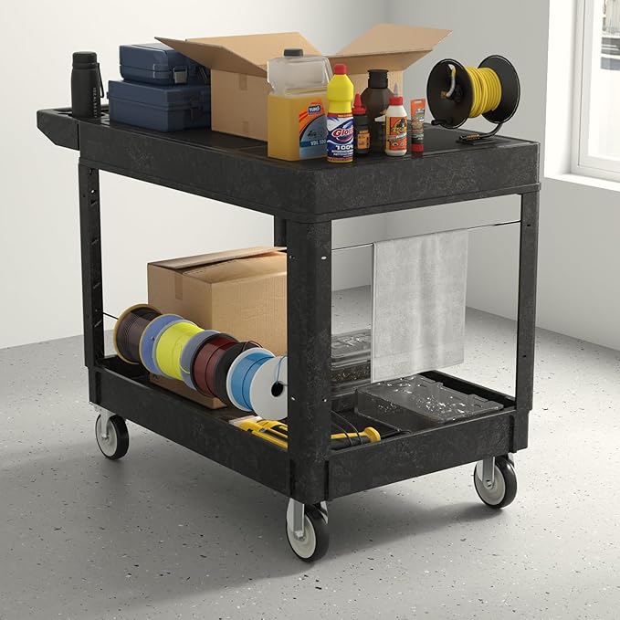 Heavy Duty Utility Rolling Tool Cart, 1000 lbs Capacity Flat Top Plastic Utility Service Cart with Two Trays and Wheels, 46 x 26-Inch Work Cart for Storage, Garage, Warehouse, Workshop, Black