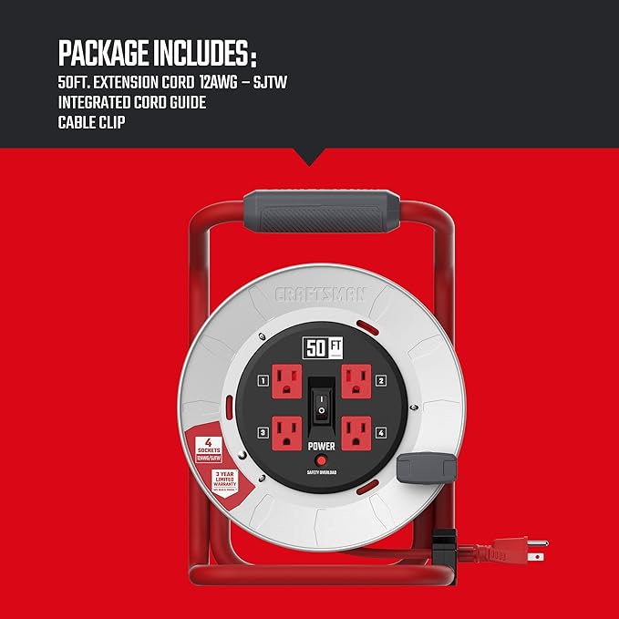 CRAFTSMAN 50 Ft. Contractor Edition Retractable Extension Cord Reel with 4 Outlets & Heavy Duty 12AWG SJTW Cable
