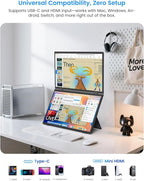 15.6" Dual-Screen Portable Monitor, 350 Nits 1200:1 FHD IPS Seamless Extended Display, Dual Device Connection, Type-C/HDMI, Anti-Glare Eye Care, 105° Foldable Stand for Work & Travel