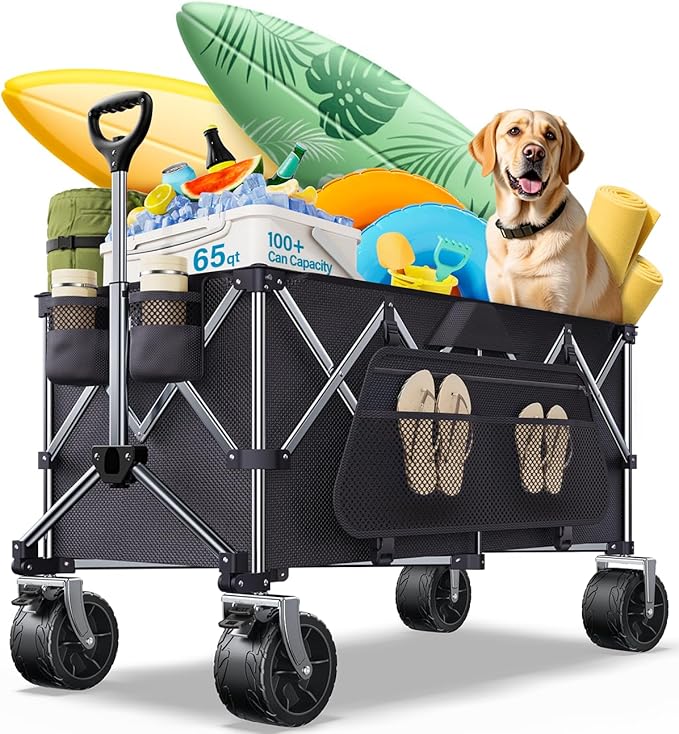 Heavy Duty Collapsible Wagon - 440lbs Capacity All-Terrain Folding Cart with Big Wheels for Family Beach Days, Camping & Grocery Haul | One-Click Fold & Washable Fabric
