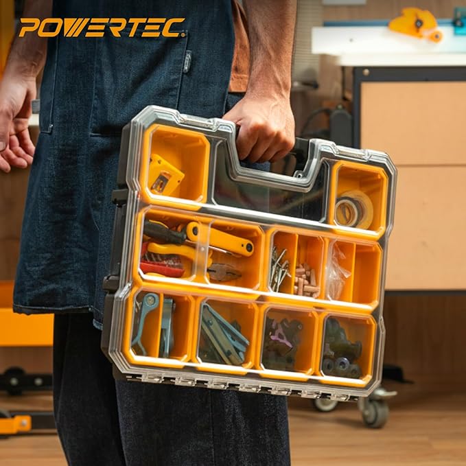 POWERTEC Small Parts Organizer & Tool Box – 20 Compartments, IP65 Water & Dust Protection, Stackable Storage with Interlocking Latch, Removable Bin, Dividers, Clear Lid, Portable Design (72366)