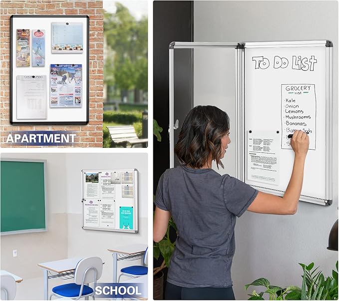 SWANCROWN Lockable Noticeboard White Bulletin Boards Magnetic Wall Mount Message Board with Glass Door and Keys 28x26inch(6xA4)